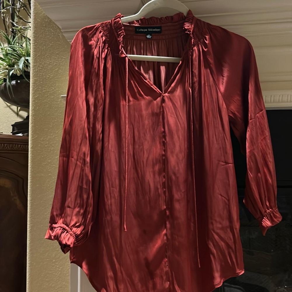 Dark rose silky blouse by Catherine Mallandrino.